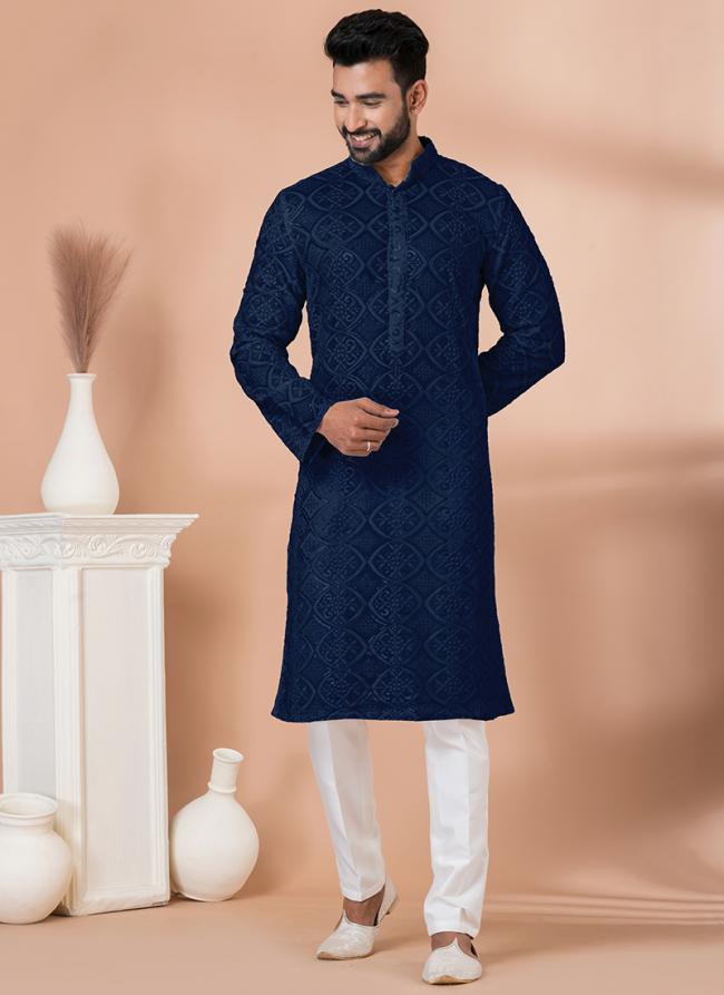 Viscose Navy Blue Festival Wear Sequins Work Readymade Kurta Pajama